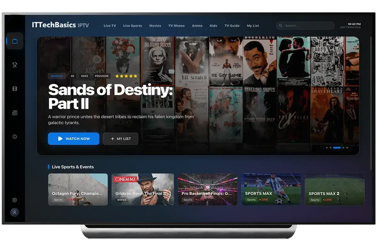 ITTechBasics IPTV 1 Official ITTechBasics IPTV subscription USA interface showing live TV channels and sports